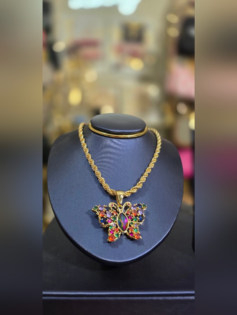 Gold Plated Butterfly Necklace with Multicolor Gems.
